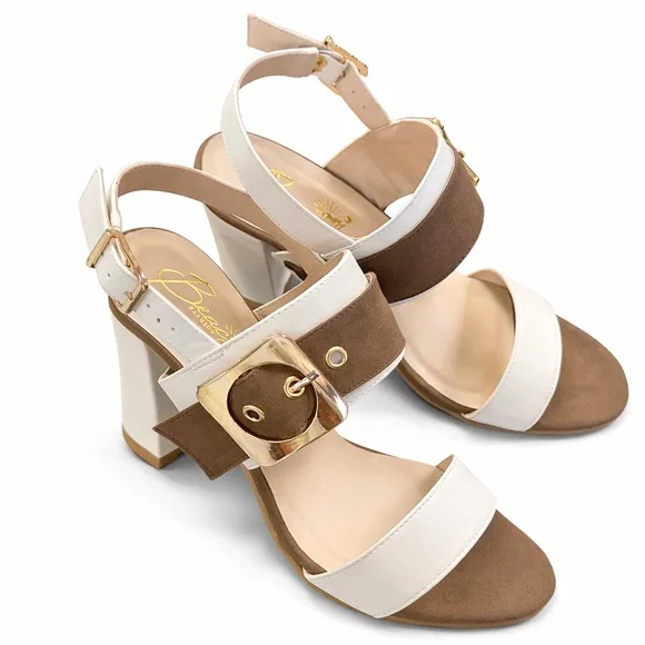 Beacon Cream & Tan Block Heel Sandal with Gold Buckle Accent - Picture 3 of 6